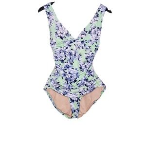 J. Crew Green Blue Floral One Piece Swimsuit V Neck Ruching Beach Vacation 4